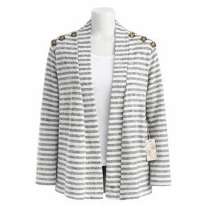 TRU SELF Striped Open Front Cardigan Button Shoulder Knit Women L NWT‎